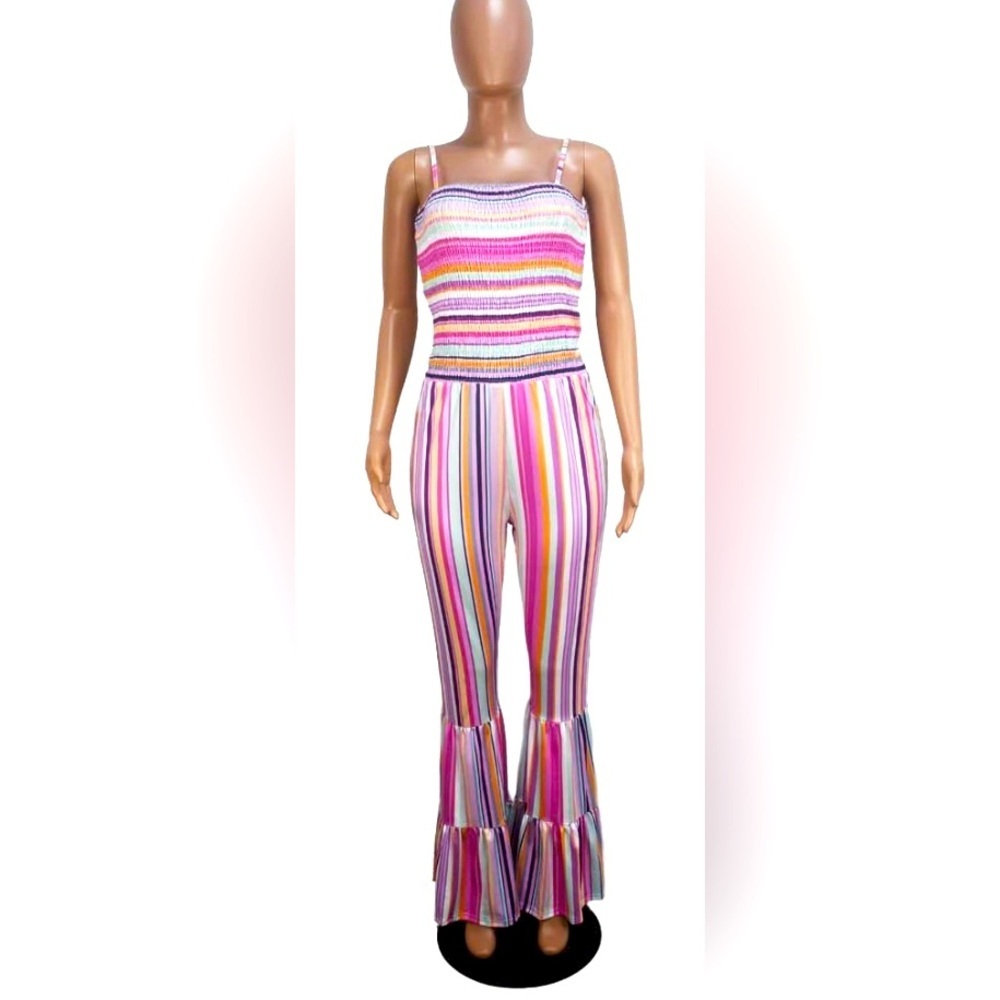 Rainbow Striped Print Crop Top w/Shoulder Straps & Wide Leg Jumpsuit, EUC - Picture 3 of 6